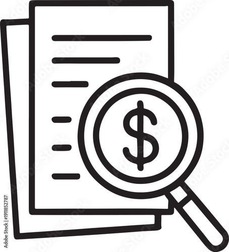 Document with dollar and magnifying glass icon for professional business financial audit and security