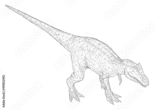 A detailed wireframe model of a T-Rex dinosaur, constructed from geometric shapes and connecting lines on a clean white background. This intricate vector illustration resembles a 3D blueprint.