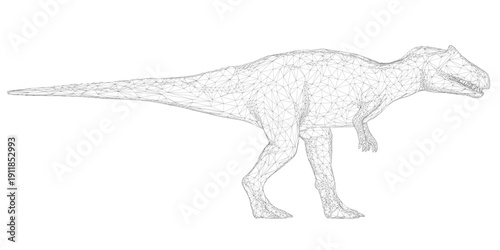 A detailed wireframe T-Rex model, composed of intricate geometric shapes and connecting lines, sits isolated on a clean white background.