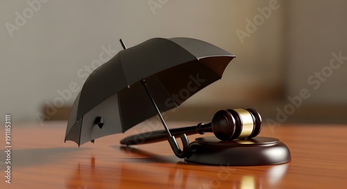 Gavel and umbrella on a wooden table, with a blurred background and natural light casting shadows