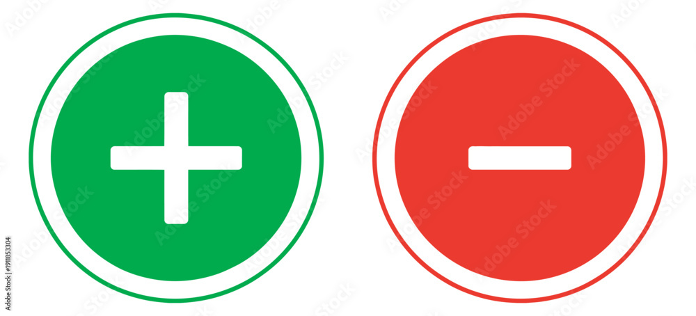 Obraz premium Green Circle with Plus Sign and Red Circle with Minus Sign, Flat Icon, UI Element, Symbol for Design and Interface