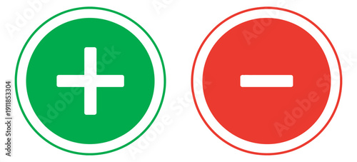Green Circle with Plus Sign and Red Circle with Minus Sign, Flat Icon, UI Element, Symbol for Design and Interface