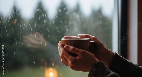 Comforting warmth Person holding a steaming mug by a window on a rainy afternoon, enjoying a cozy moment indoors during inclement weather