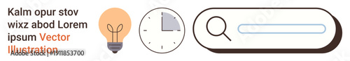 Innovation, productivity, search functionality, creativity, digital tools, work efficiency. Light bulb, clock and search bar. Innovation and productivity concept with vibrant design elements