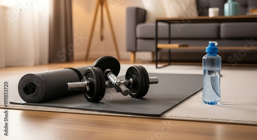 Dumbbells and yoga mat on floor in a modern living room with a water bottle, preparing for home workout