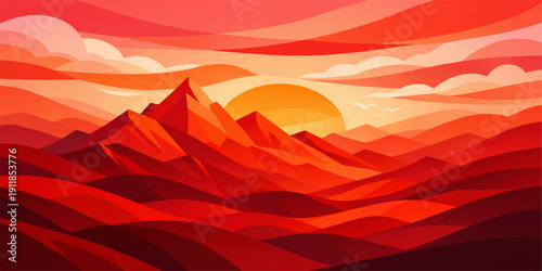 An abstract nature illustration features a silhouette of forest trees and mountain hills under an orange sunset sky with clouds over the desert horizon at dawn
