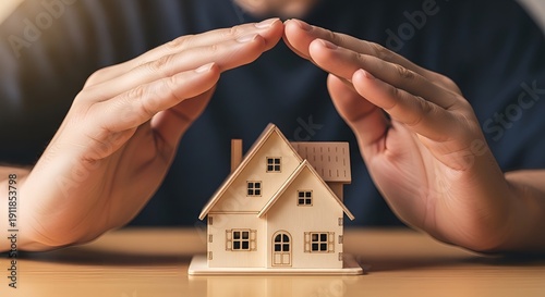 Protective hands covering a miniature house model, symbolizing home insurance, property security, and real estate investment