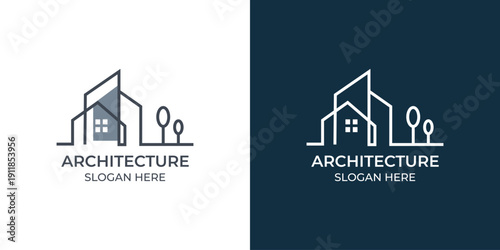 Modern Minimalist Line Art Building and Tree Architecture Logo Vector
