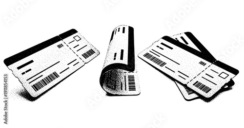 Black and white illustrations of airplane boarding passes in various arrangements