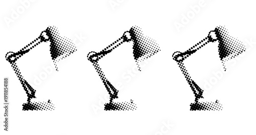 Black and white pop art style of three desk lamps in halftone pattern