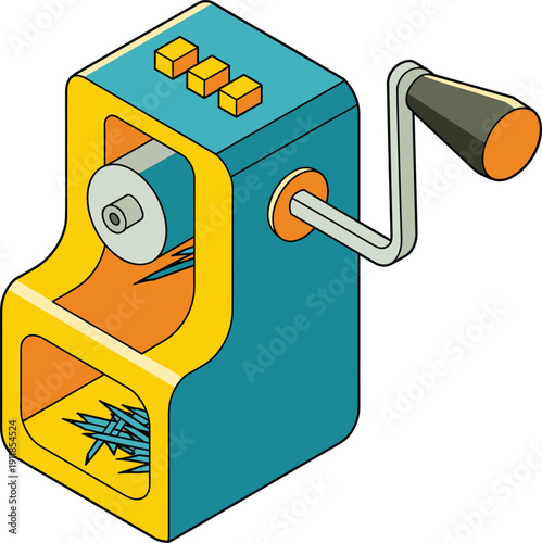 A blue and yellow manual pencil sharpener with an orange handle and a compartment for shavings