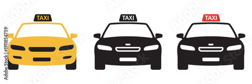 Taxi Vehicle Set, Stylized Yellow, Black, Pink Outlined Cars, Transportation Icons, Urban Transport, City Travel Design Elements