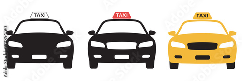 Stylized Taxi Cars, Yellow Black Pink Outline, Transportation Icons Set, City Vehicles, Urban Travel, Vehicle Design Elements