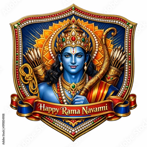 Majestic Lord Rama artwork with golden crown, radiant sun, bow, and arrows, symbolizing devotion, courage, faith, and righteousness through exquisite art celebrating Rama Navami divinity