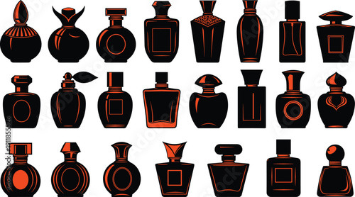 Luxury Perfume Bottle Silhouette Set, Vector Fragrance Glass Container Icons, Cosmetic Beauty Packaging Mockup, Scent Spray Product Design isolated on White Background