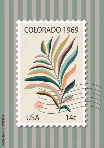 Vintage inspired poster designed as a classic postage stamp featuring abstract floral artwork in mid century modern style. Decorative perforated frame, pastel color palette and retro typography