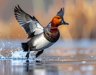 A duck in mid-flight, wings spread, taking off from water