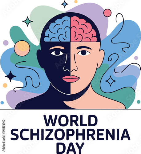 Split face person with brain divided into pink and blue halves schizophrenia awareness schizophrenia day
