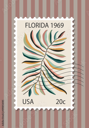 Vintage inspired poster designed as a classic postage stamp featuring abstract floral artwork in mid century modern style. Decorative perforated frame, pastel color palette and retro typography