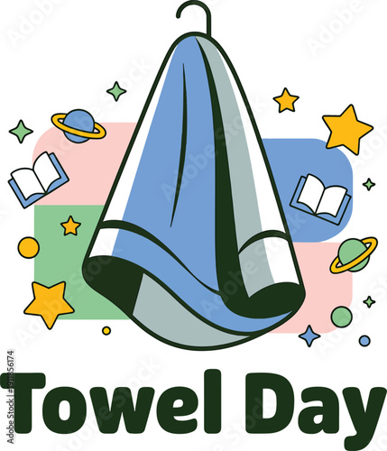 Towel Day celebration with blue towel on hanger surrounded by books stars planets