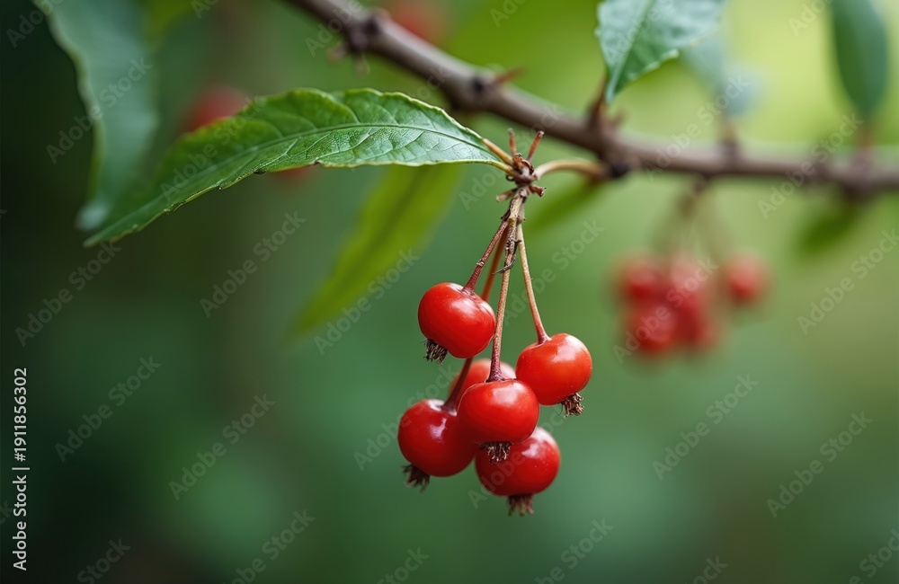 Fototapeta premium Macro shot of bright red berries on a thorny branch. Green leaves and blurred background suggest wild nature. Small fruits ripen on the plant, showing natural beauty.