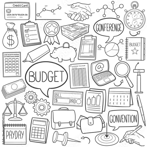 Set of hand drawn vector doodles about budget convention.