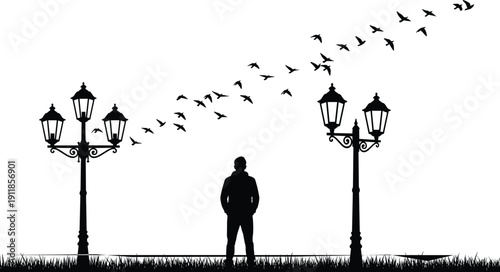 Man Standing in Park with Street Lamps and Flying Birds Silhouette, Vector Loneliness and Freedom Concept, Urban Night Landscape isolated on White
