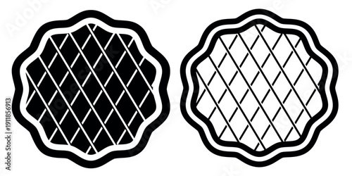 Lattice pie icon. Black or white silhouette dessert, isolated on white background. linear illustration, logo for bakery shop, hand drawn artwork