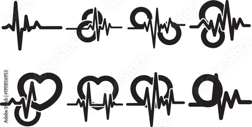 Heart Rate Symbols and Medical Icons in Black Color