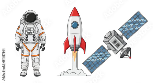 Astronaut rocket and satellite illustration depicting space exploration themes