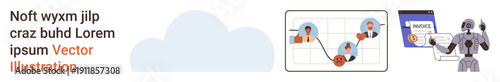 Artificial intelligence, teamwork, digital transactions, automation, robotics, remote work. A robot interacting with a network of human profiles and processing data on a digital screen. AI