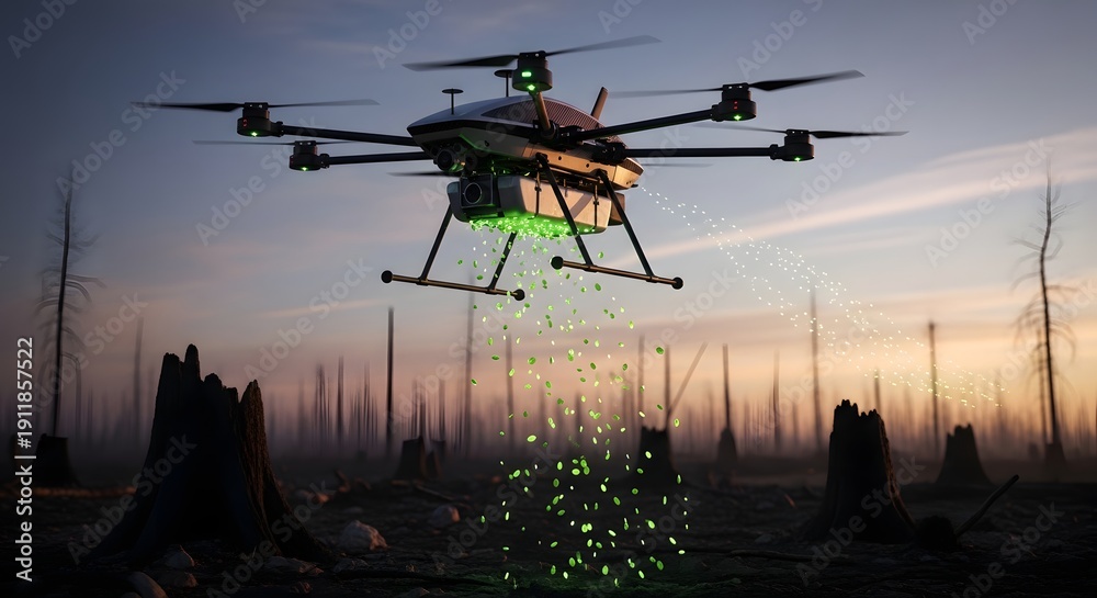 Fototapeta premium Drone seeding new trees in deforested area, aerial view, concept of reforestation and fighting climate change