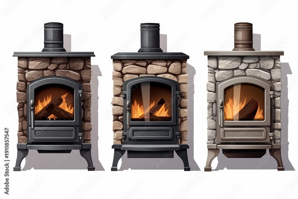 Naklejka premium Collection of stone wood burning stoves with active fires, providing warmth