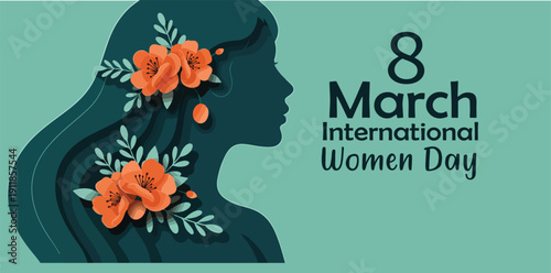 International women s day poster with silhouette of woman and flowers on 8 march