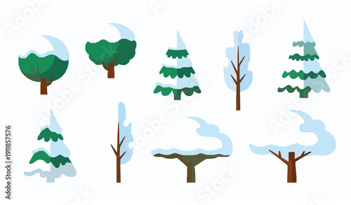 Cute Flat Winter Trees with Snow Vector Forest Illustration Set