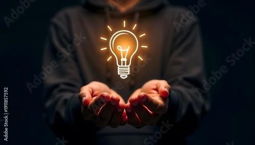 Minimalist Glowing Lightbulb Idea on Human Hands Conceptual Illustration