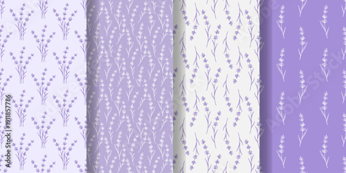 Lavender seamless patterns set. Delicate purple backgrounds with Provence flowers. Floral prints in bundle for textiles, wallpaper, packaging, design. Vector graphics