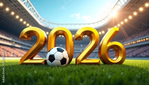 Golden 2026 Figures and a Soccer Ball on Stadium Field