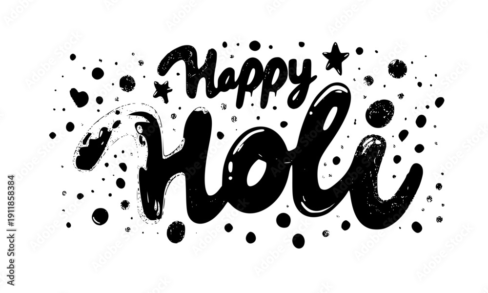 Fototapeta premium Happy Holi Festival Celebration Typography Design with Colorful Dots and Splashes for Indian Spring Holiday Greeting Card Banner Background Template