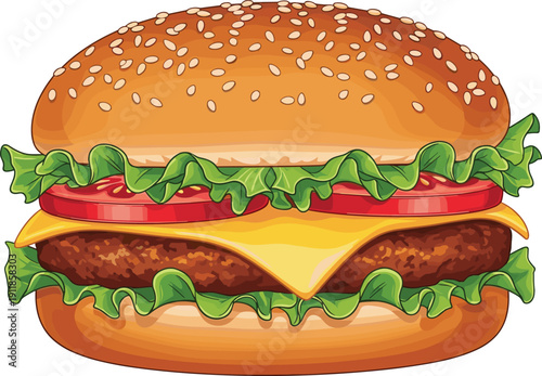 A Juicy Cheeseburger with Lettuce Tomato and Sesame Seed Bun