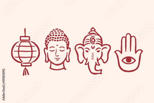 Spiritual icons set line art vector illustration