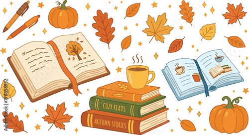 Autumn cozy reading illustration — cartoon books, coffee, leaves, and seasonal elements for fall-themed design sets and lifestyle visuals