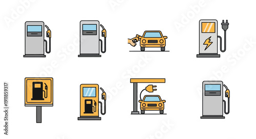 Collection of colorful fuel and electric vehicle charging station icons
