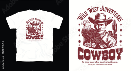 Wild west adventures cowboy with eagle and cactus, vintage hand drawn t-shirt design illustration