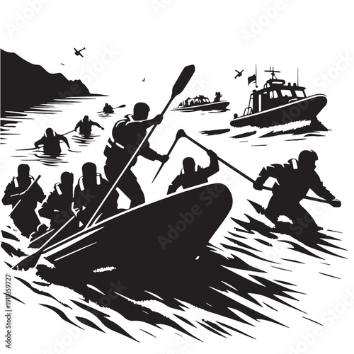 Black Flood rescue Silhouette Vector, High Quality Illustration on White Background