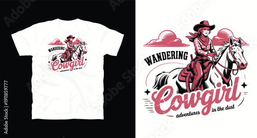 Wandering cowgirl riding horse clouds adventure dust vintage illustration