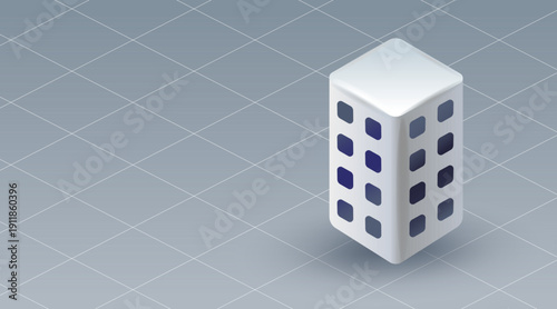 White Isometric Office Building on Gray Grid Background Corporate Architecture Concept