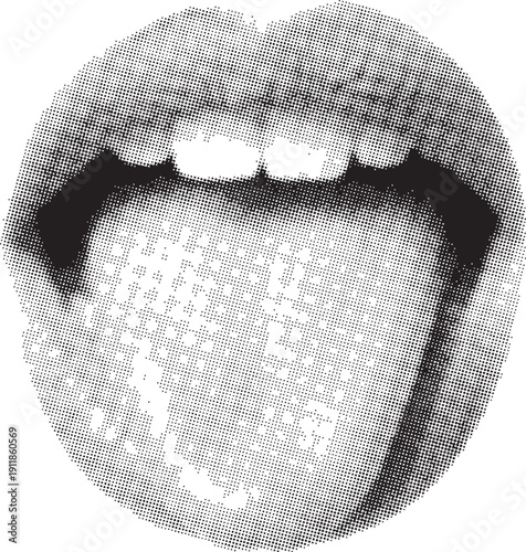 Halftone illustration of open mouth with tongue out graphic design element