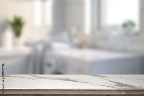 Empty marble top table with blurred bathroom interior Background. for product display