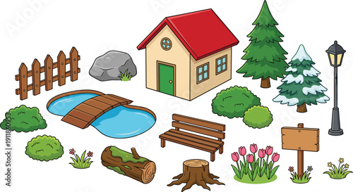 Cartoon outdoor nature scene — colorful park and garden elements for kids’ educational visuals, storytelling backgrounds, and playful environment design sets